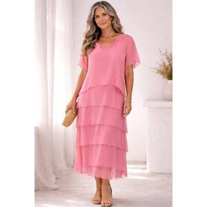 Via Vai Womens Dress Pink OS Layered Fray Hem Silk Italy Packable Wedding Resort